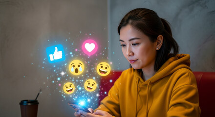 Young Asian woman engaging with social media on her smartphone with glowing emoji icons floating above illustrating digital communication and online interaction