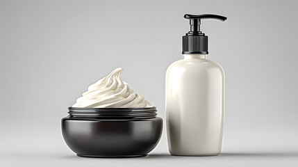 Black open cream jar with visible cream next to white pump bottle on minimal white background. setup is clean and modern, ideal for skincare or cosmetic product presentations