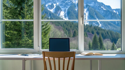 Serene mountain view home office setup with laptop concept. Warm, inviting workspace with mountain view through large window.