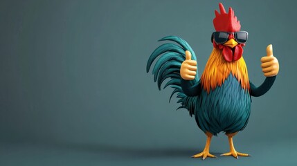 A cartoon rooster wearing sunglasses gives a thumbs-up.