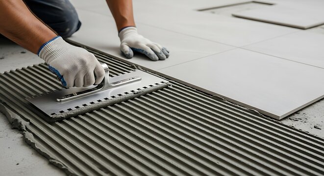 A worker in gloves uses a notched trowel to spread adhesive on a floor for installing new ceramic tiles.