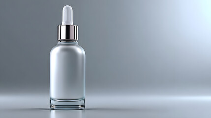 Sleek, minimalistic luxury cosmetic mockup featuring tall frosted glass bottle with dropper cap, set against soft gradient background