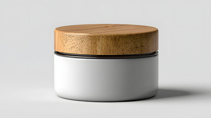 Minimalist cosmetic cream jar with bamboo lid is displayed against neutral background, emphasizing eco friendly design. jar sleek appearance and natural materials convey sense of sustainability