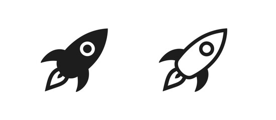 Fototapeta premium simple rocket icon, vector line art, flat black on white background, simple shapes, logo style, simple, minimalistic, two different designs.