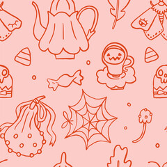 Halloween pink coquette vector seamless pattern. Autumn holiday wallpaper, wrapping paper, scrapbooking, background, textile prints, stationary. Girly coquette Halloween background