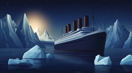 352. Huge ship sails among icebergs in the night. Big steam transatlantic passenger cruise liner before striking an iceberg
