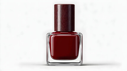 Sleek, square glass bottle of deep red nail polish with wide, textured brush handle, perfect for bold manicure. minimalist design enhances its elegant appeal