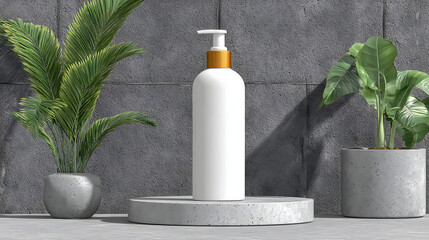 White pump bottle with gold cap is displayed on concrete pedestal, surrounded by potted plants against textured gray wall, creating minimalist and elegant setting