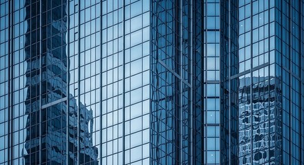 Modern skyscraper glass facade with reflections of city buildings