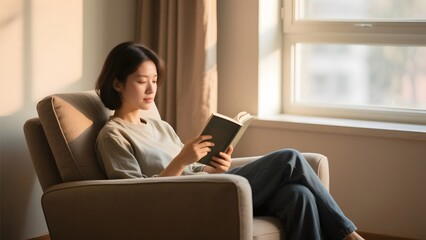 A woman sits comfortably in an armchair by the window, engrossed in reading a book.