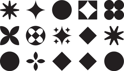 A diverse collection of minimalist black geometric shapes including stars circles diamonds and abstract symbols