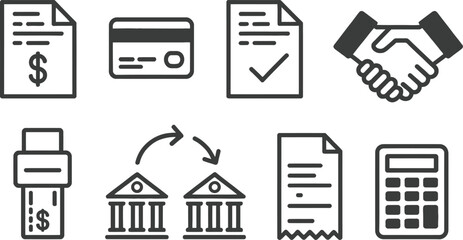 Set of Finance Icons, Bank Building, Calculator, Credit Card, Handshake, Dollar