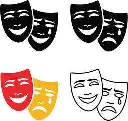 A set of classic comedy and tragedy theatrical masks in silhouette color and outline styles