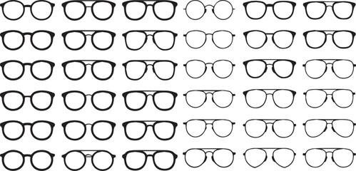 A diverse collection of black eyeglass frame silhouettes showcasing various modern and retro styles like aviator and round frames in a grid pattern