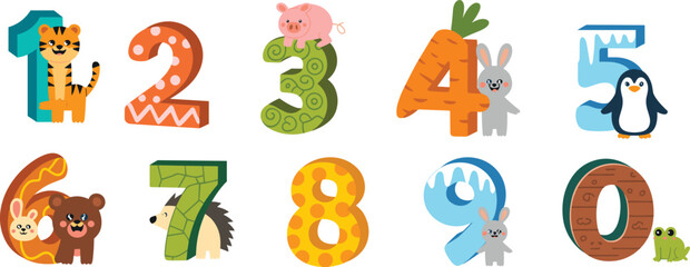 Colorful cartoon numbers with cute animals, educational kids design, number characters 0–9, preschool learning illustration, fun math concept, playful numeric figures, children counting art