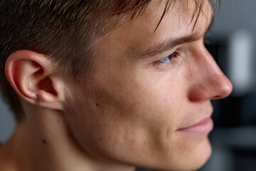 Obraz premium This captivating close-up portrait showcases a young man's profile, highlighting his facial features and the play of light and shadow across his skin, creating a serene atmosphere.