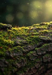 Mossy Tree Bark with Dew Drops in Sunlight