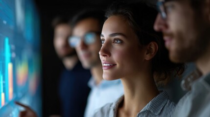 Team examining data: A collaborative team of professionals, immersed in the strategic insights of an expansive data visualization, focused intently on the progress displayed