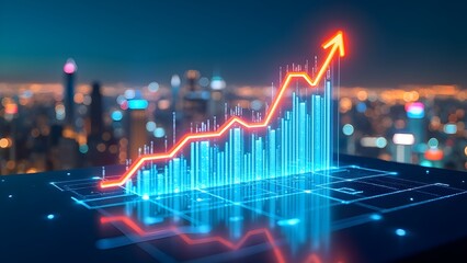 Futuristic Financial Growth Chart with Upward Arrow and City Lights