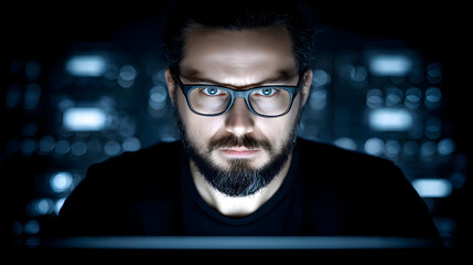 Fototapeta premium coding intensely in a dim room filled with LED lights and servers