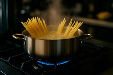 cooking spaghetti in a pot of boiling water on a gas stove