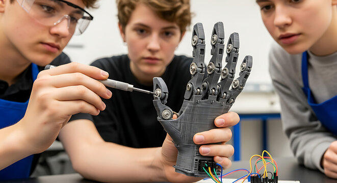 Three young students meticulously assembling a 3D-printed robotic hand in a workshop, demonstrating teamwork and technological learning.