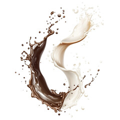 Splash swirl of coffee and milk or cream in motion, isolated on transparent cutout background