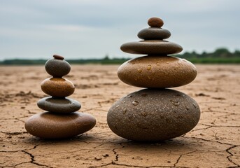 Balanced Rocks on Dry Cracked Earth A Symbol of Serenity and Stability