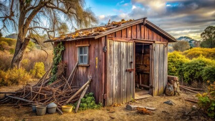 Obraz premium Rustic Wooden Shed with Open Door, Overgrown with Vines and Surrounded by Autumnal Brush