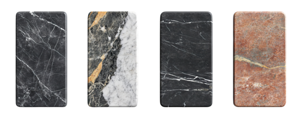Set of four rectangular marble tiles in different colors, isolated on transparent cutout background