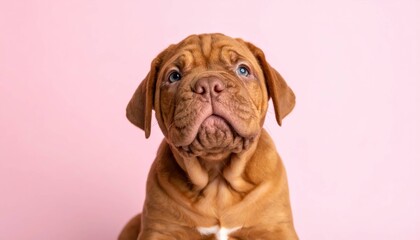 Adorable cachorro de Dogue de Bordeaux sobre fondo rosa, Generated image