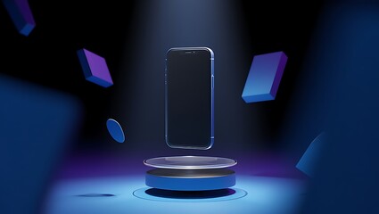 Futuristic Smartphone Presented on a Floating Stage with Abstract Shapes
