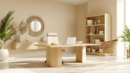 office corner with soft lighting, indoor plants, and a stylish laptop setup