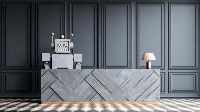 reception with friendly robot assistant and digital name display panel