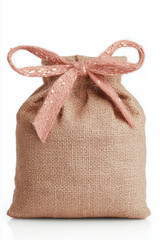 Rustic beige burlap sack filled and tied with a pink rope, front view on white background. Natural texture and simple design for agricultural or packaging themes.