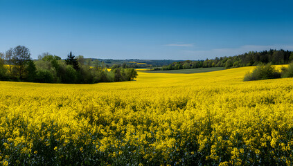 Obraz premium Agriculture en Champagne Ardenne dans la région Grand Est, paysage de champ de colza (brassica napus) jaune, en fleur, sous un ciel bleu, au printemps (France)