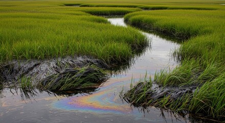 Naklejka premium Iridescent Oil Slick in Coastal Marsh: Environmental Disaster