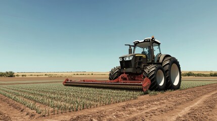 Fototapeta premium Agricultural tractor working in a field of young plants.