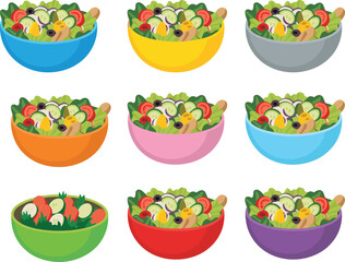 Colorful healthy vegetable salad bowls, fresh food collection, perfect for diet, nutrition, clean eating, meal prep, restaurant and kitchen design