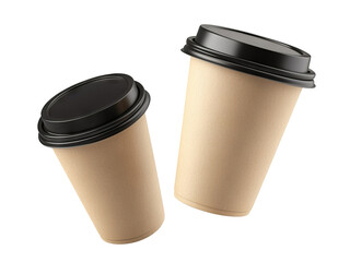 Floating kraft coffee cups with black lids, isolated on transparent cutout background