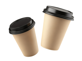 Floating kraft coffee cups with black lids, isolated on transparent cutout background
