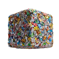 Colorful Crushed Aluminum Can Cube for Recycling and Environmental Awareness