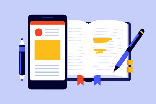 Smartphone with article beside annotated notebook and pen blue theme