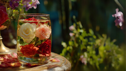A glass filled with water showcases floating rose petals in shades of red, pink, and white. It is placed on a rustic table amid a lush garden filled with blooming flowers.