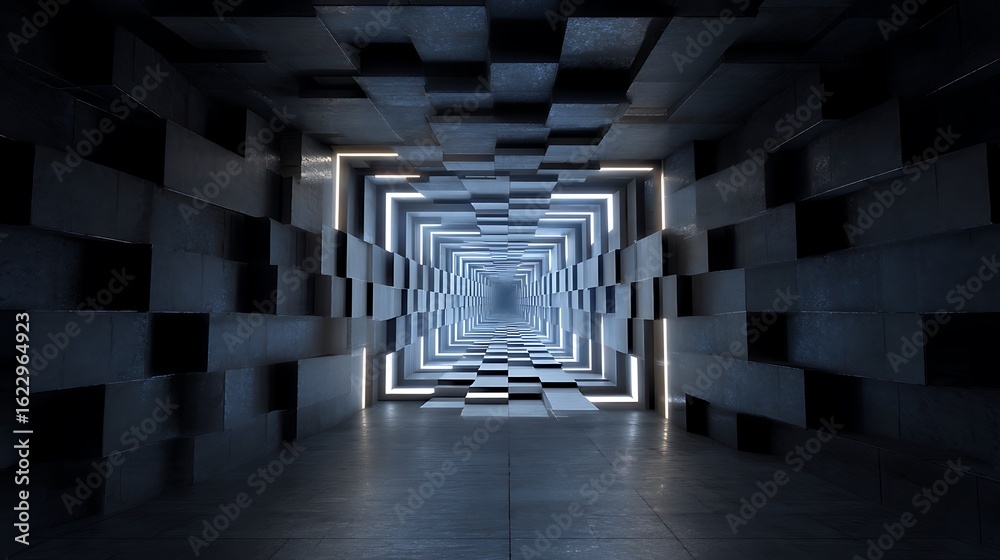 Canvas Prints a futuristic tunnel with gray geometric cubes and glowing white lights, creating a sense of depth an