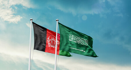 Afghanistan and Saudi Arabia friendship flags are waving in the sky. Two country flag for agreement or deal. Afghanistan KSA national flag for commitment.