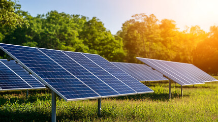 Solar panels generating renewable energy in a field, harnessing the sun's power for a sustainable future. Environmentally friendly and clean energy.