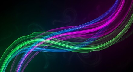 Abstract glowing wavy lines of blue, green, and purple on dark background