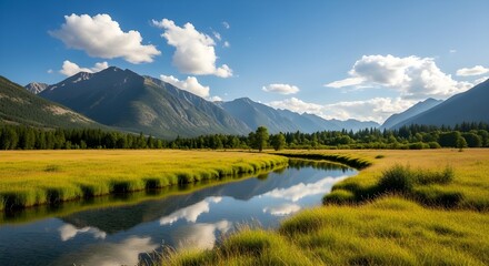 Obraz premium Serene mountain valley with winding river and golden meadow under blue sky
