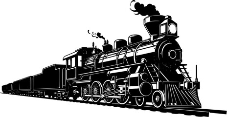 Antique silhouette steam train locomotive with vintage railroad illustration
